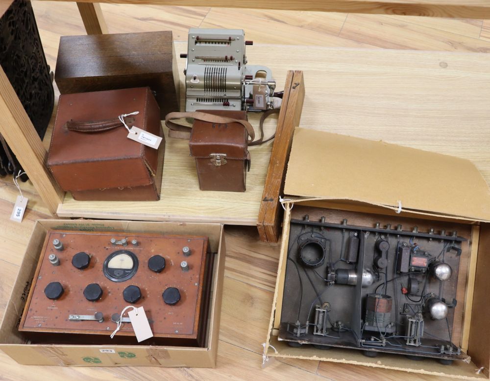 An early 20th century Wheatstone Bridge Precision Resistance OHMS Unit and sundry other vintage equipment,